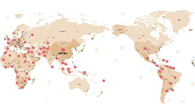 Mapa con la ubicación los países donde se encuentra DFSK.