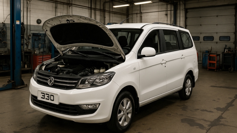 <p>Minivan DFSK Glory 330 color blanca con el capo abierto dentro de un taller automotor.</p>