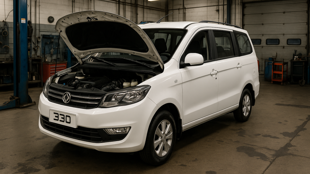 <p>Minivan DFSK Glory 330 color blanca con el capo abierto dentro de un taller automotor.</p>