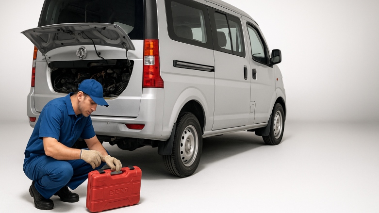 <p>Técnico vehicular revisando la parte trasera de un minibus DFSK C37.</p>