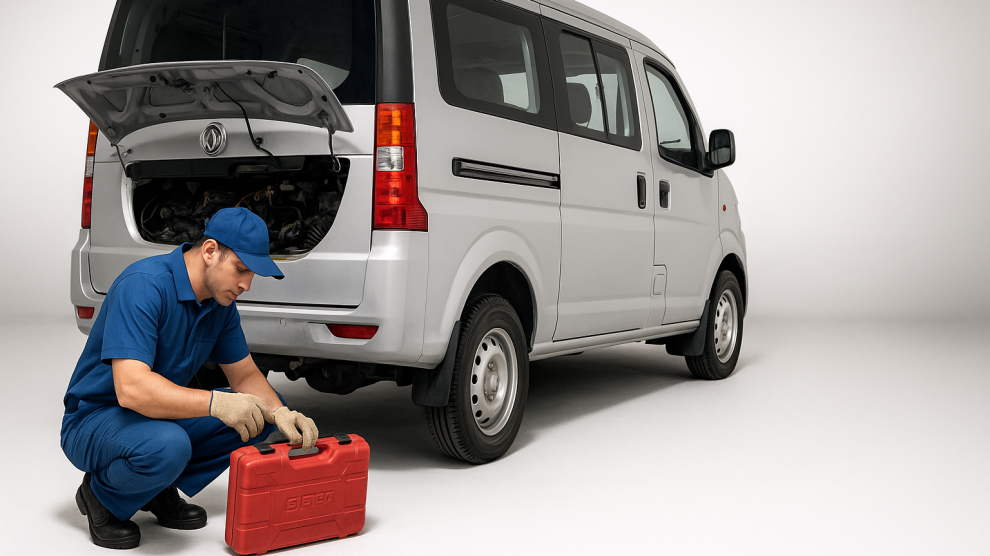 <p>Técnico vehicular revisando la parte trasera de un minibus DFSK C37.</p>