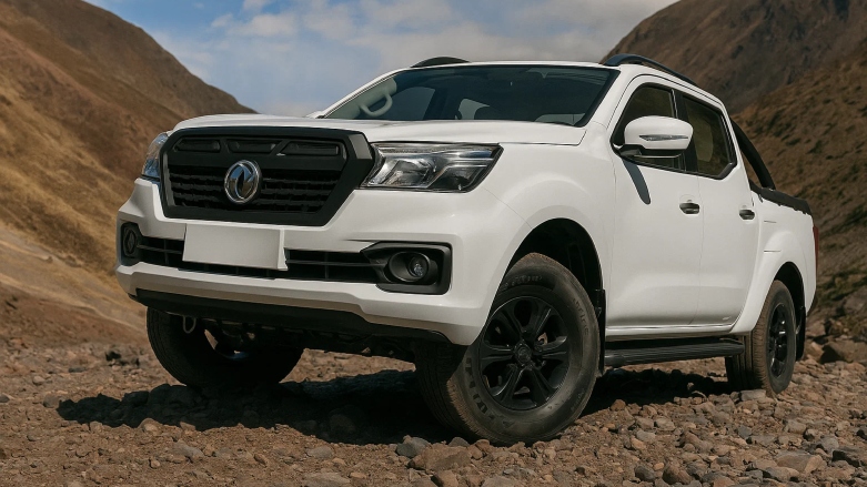 <p>Camioneta todo terreno DFSK D1 color blanca en un terreno rocoso entre montañas. </p>