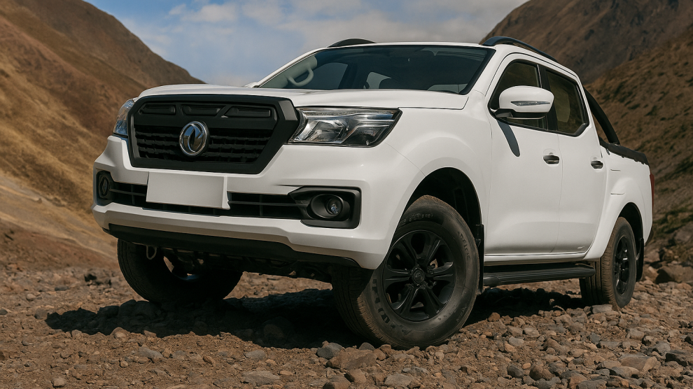 Camioneta todo terreno DFSK D1 color blanca en un terreno rocoso entre montañas.